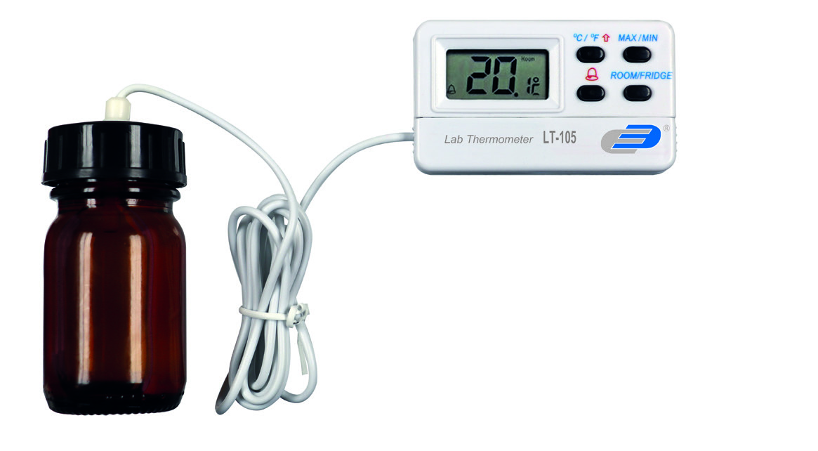 LT105 Laboratoriumthermometer met glazen fles en kalibratiecertificaat. 